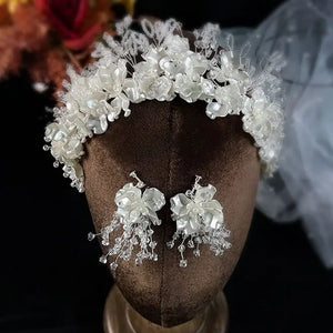 Ceramic Flower Beads Women Crown Crystal Hairband Earrings Set