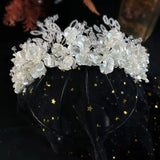 Ceramic Flower Beads Women Crown Crystal Hairband Earrings Set