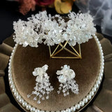 Ceramic Flower Beads Women Crown Crystal Hairband Earrings Set