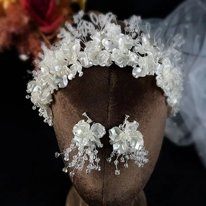 Ceramic Flower Beads Women Crown Crystal Hairband Earrings Set