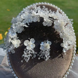 Ceramic Flower Beads Women Crown Crystal Hairband Earrings Set