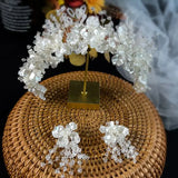 Ceramic Flower Beads Women Crown Crystal Hairband Earrings Set