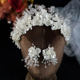 Ceramic Flower Beads Women Crown Crystal Hairband Earrings Set