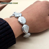 Baroque Pearl Bracelet Grey Coin Button Shape Freshwater Jewelry