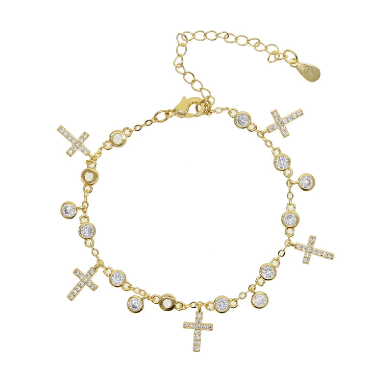 Adjustable Cross CZ Paved Silver Chain Bracelet for Women