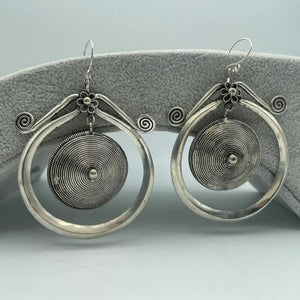 Miao Silver Luck Earrings, Hand Carved Charm