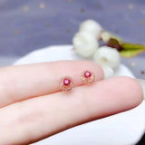 Red Garnet Stud Earrings 925 Silver Round Natural Gem Girl Ornament