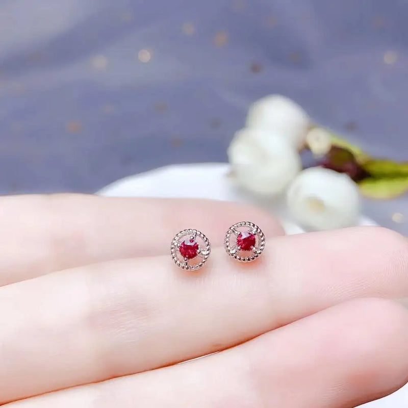 Red Garnet Stud Earrings 925 Silver Round Natural Gem Girl Ornament
