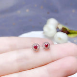 Red Garnet Stud Earrings 925 Silver Round Natural Gem Girl Ornament
