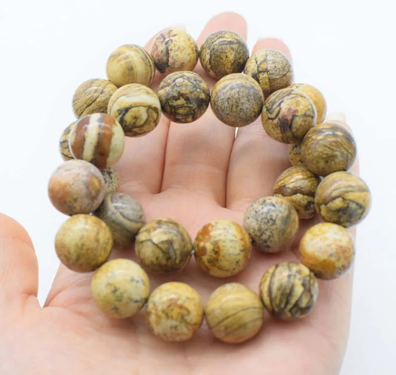 Yellow Picture Stone 14mm Bracelet 7.5inch Beads