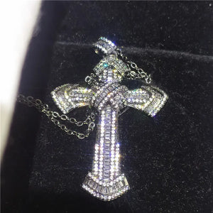 Zircon CZ Filled 925 Silver Cross Pendant with Necklace for Women Men