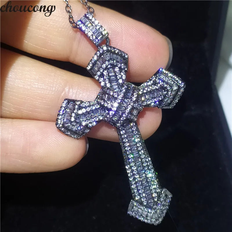 Zircon CZ Filled 925 Silver Cross Pendant with Necklace for Women Men