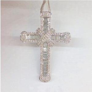 Long CZ Cross Pendant 925 Sterling Silver Chain Necklace