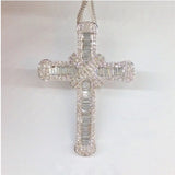 Long CZ Cross Pendant 925 Sterling Silver Chain Necklace