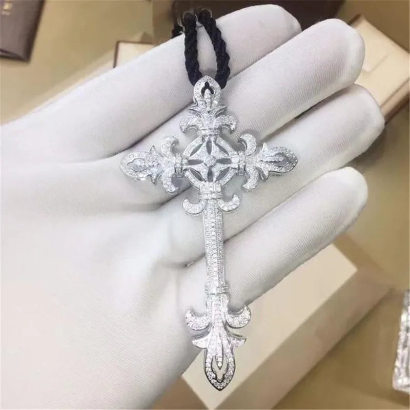 Big Cross Pendant Cz Stone Silver Charm Necklace Wedding Jewelry