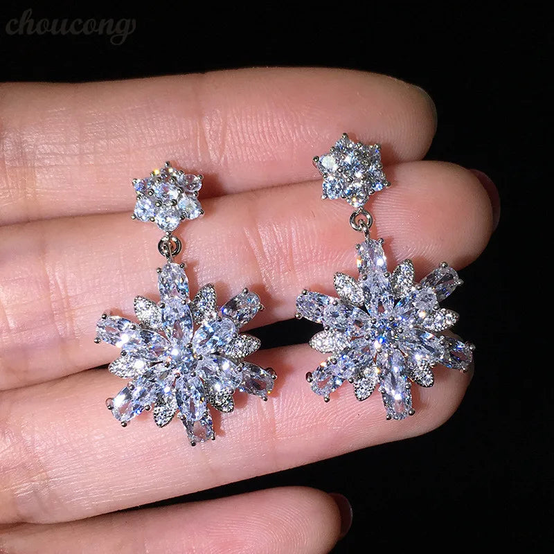 Sexy Snowflake Drop Earrings AAAAA Zircon 925 Silver Wedding Dangle Earrings