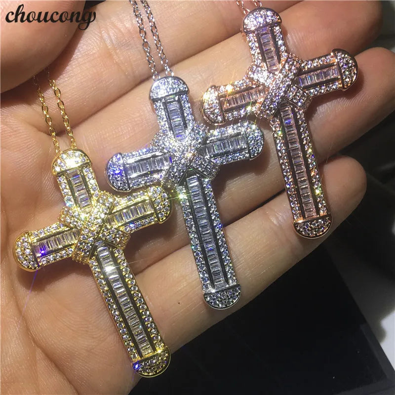 Cross Pendant Cz 925 Sterling Silver Chain Necklace for Women Men