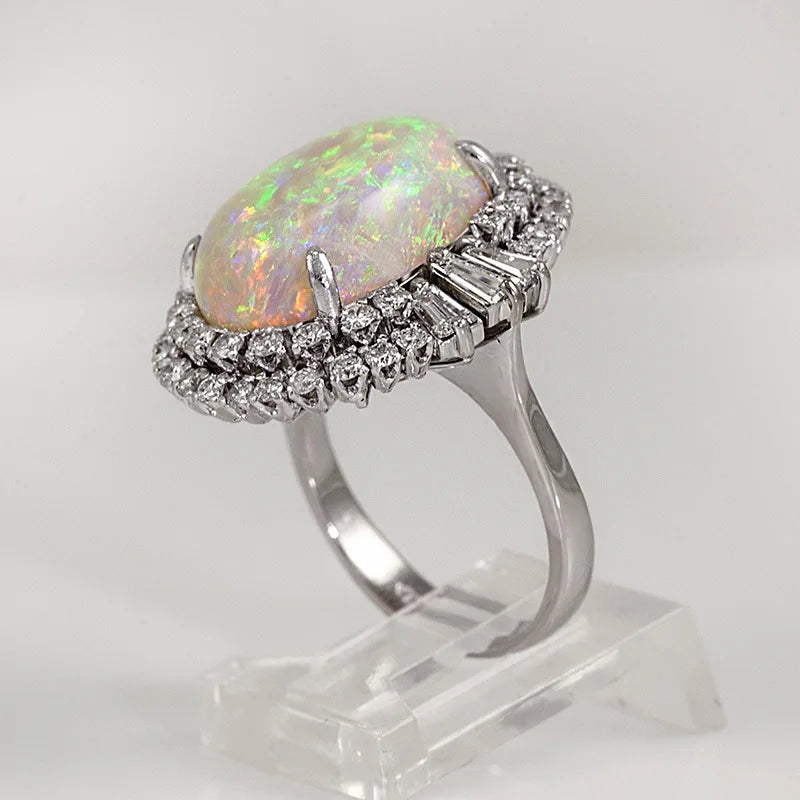 Vintage Opal Ring 925 Silver Zircon Party Wedding Band Rings For Women Men