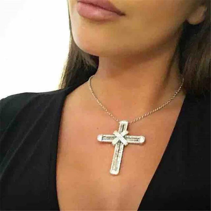 Vintage CZ Stone Cross Pendant 925 Sterling Silver Necklace