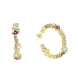 CZ Red Flower Hoop Earrings