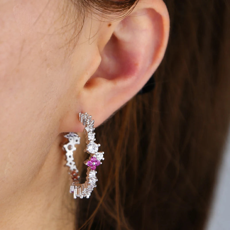 CZ Red Flower Hoop Earrings