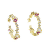 CZ Red Flower Hoop Earrings