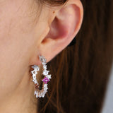 CZ Red Flower Hoop Earrings