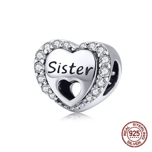 925 Silver Zircon Heart Sister Charm for Bracelet & Necklace