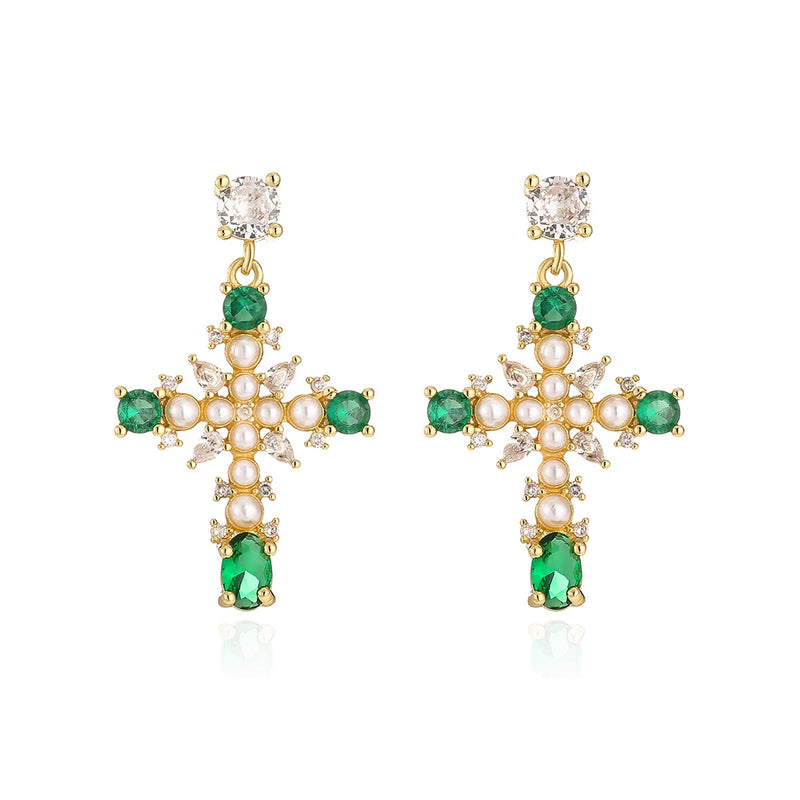Delicate Cross Earring Pearl CZ Zircon Party Jewelry
