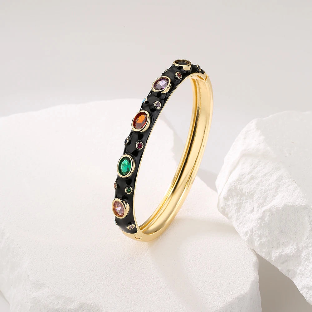 Vintage Bohemian Copper Bangles Enamel CZ Party Jewelry