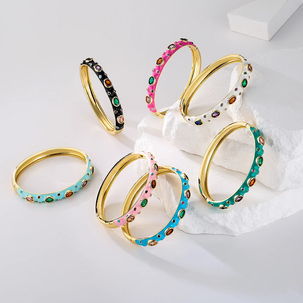 Vintage Bohemian Copper Bangles Enamel CZ Party Jewelry
