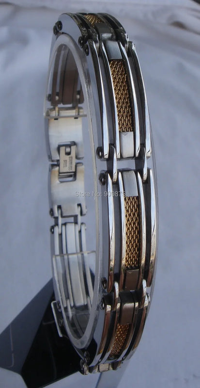 2tone Plating Woven Link Inlayed Stainless Steel Bracelet