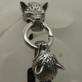 Men's Wolf Bite Leather Stainless Steel Bangle Bracelet