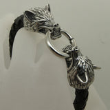 Men's Wolf Bite Leather Stainless Steel Bangle Bracelet