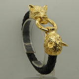 Men's Wolf Bite Leather Stainless Steel Bangle Bracelet