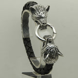 Men's Wolf Bite Leather Stainless Steel Bangle Bracelet