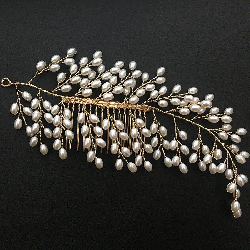 Copper Pearl Leaves Hair Comb for Brides