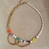 Yin Yang Freshwater Pearl Charm Necklace Stainless Steel Chain