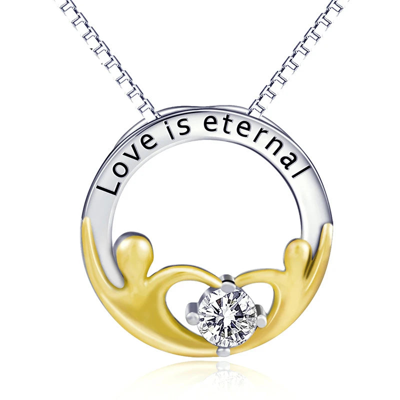 Crystal Round Pendant Mother and Child Necklace 925 Sterling Silver Jewelry