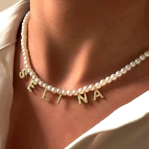 Initial Pendant Necklace Simulated Pearls Bead Choker for Women