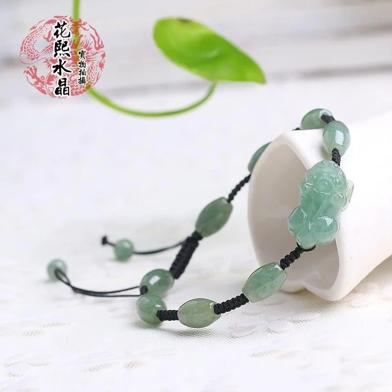 Jade Emerald Pixiu Beads Bracelet Bangle Charm Jewellery Hand-Carved Amulet