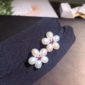 Romantic Plum Blossom Flower Earrings with Freshwater Pearls and Cubic Zirconia