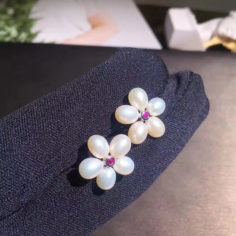 Romantic Plum Blossom Flower Earrings with Freshwater Pearls and Cubic Zirconia