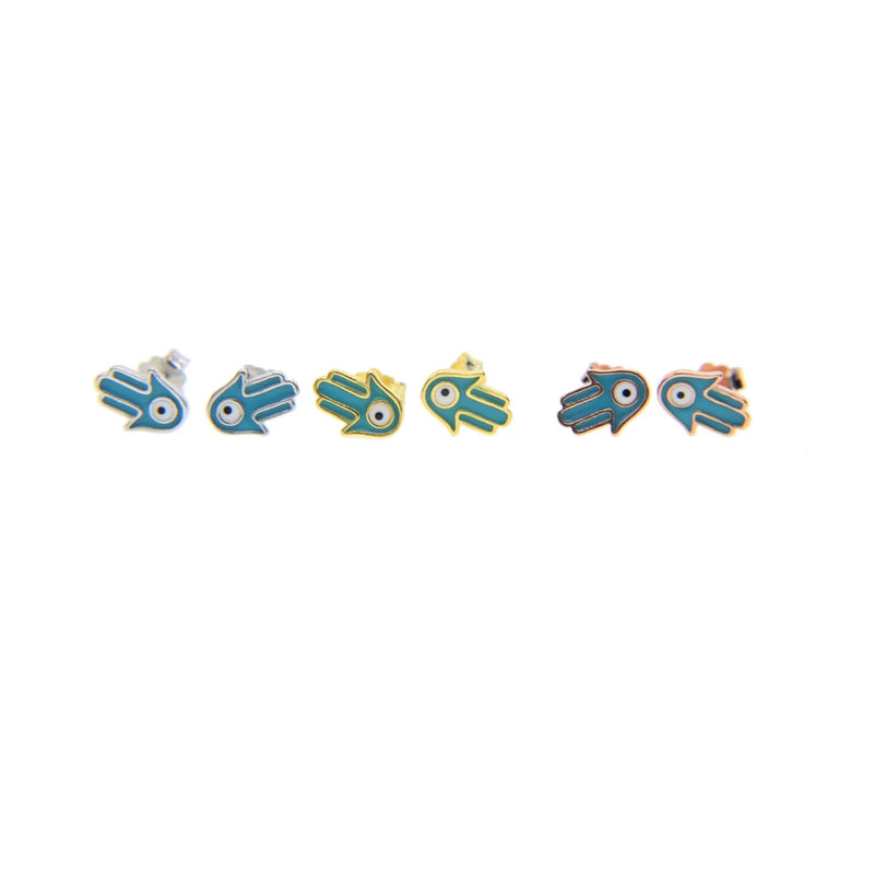 925 Sterling Silver Enamel Hamsa Hand Mini Studs Earrings