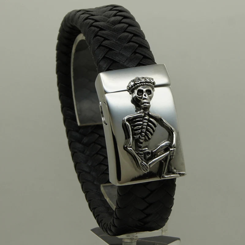 CZ Crown Skinny Skull Woven Leather Bracelet