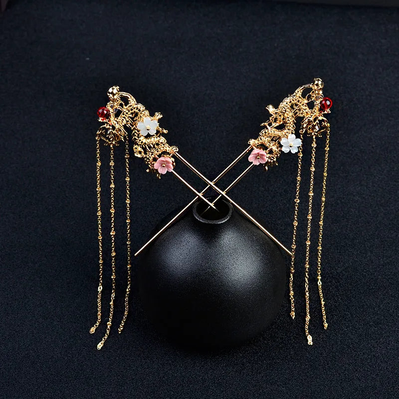 Tassel Dragon Flower Hair Sticks - Women's Jewelry