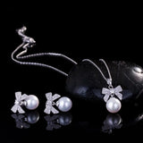 Pearl Pave Stud Earrings with Bow - Silver