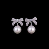 Pearl Pave Stud Earrings with Bow - Silver
