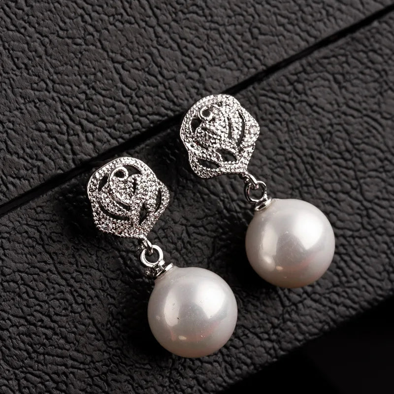 Pearl Pave Stud Earrings with Bow - Silver