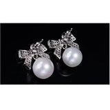 Pearl Pave Stud Earrings with Bow - Silver